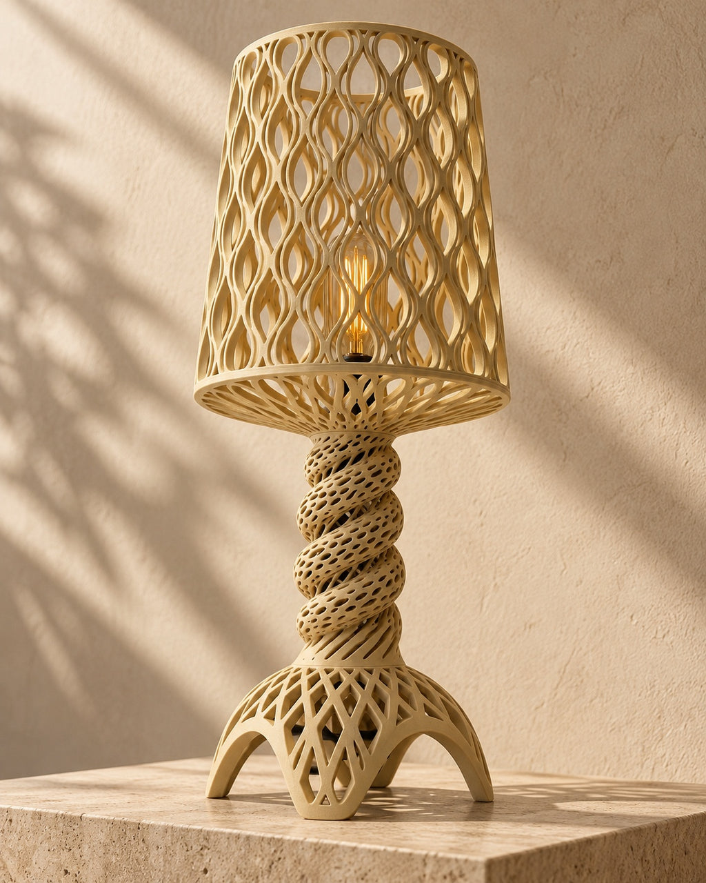 MOKU – lampada KĀTA, vista in prospettiva della base e dello stelo a spirale